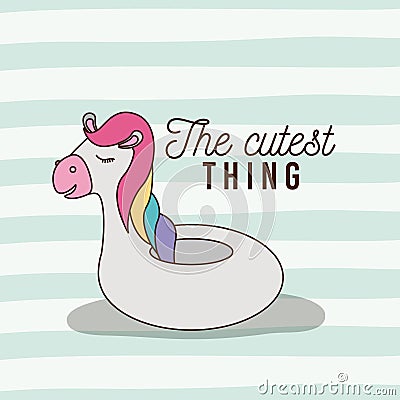 The cutest thing poster of inflatable unicorn with wings and lines colorful background Vector Illustration