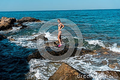 Cutie young girl having fun in sea Stock Photo