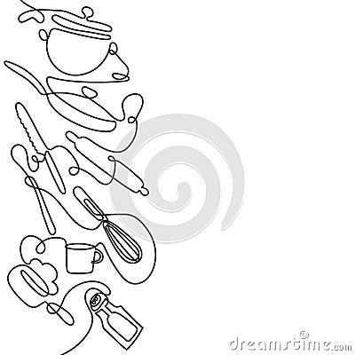Cutlery line art background. One line drawing of different kitchen utensils. Vector Vector Illustration