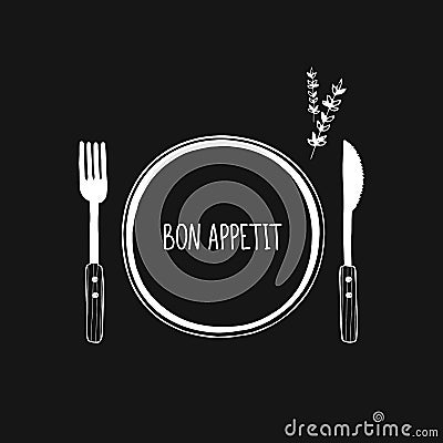 Cutlery and plate vector icon, logo. Hand drawn doodle sketch fork, knife and plate. Bon appetit Vector Illustration