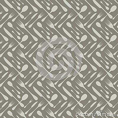 Cutlery seamless vector pattern. Silverware hand implements - spoon, knife and fork grey silhouettes on dark grey Vector Illustration