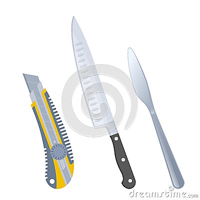 The cutlery set: cooking knife, table knife and construction knife. Vector Illustration