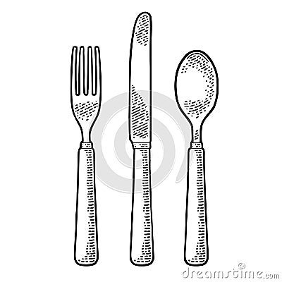 Cutlery set with knifes, spoon and fork. Vector vintage engraving Vector Illustration