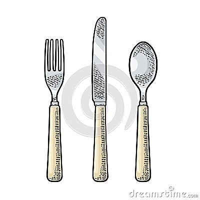 Cutlery set with knifes, spoon and fork. Vector vintage engraving Vector Illustration