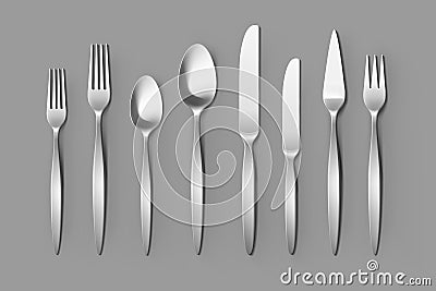 Cutlery Set of Silver Forks Spoons and Knifes. Table Setting Vector Illustration