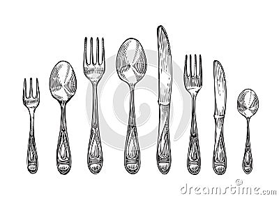 Cutlery set spoons, forks and knifes, top view. Sketch vector illustration Vector Illustration