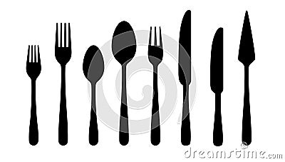 Cutlery silhouettes. Fork spoon knife black icons, silverware silhouettes on white background. Vector cutlery set Vector Illustration