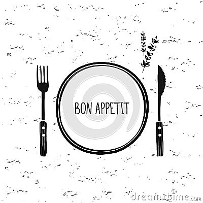 Cutlery vector set. Plate, fork and knife icon. Restaurant cafe design. Bon appetit Vector Illustration