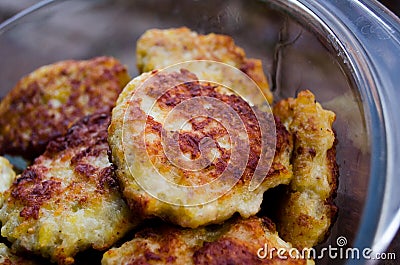 Cutlets. Chicken cutlets. Fried cutlets. Cutlets in the pot. Proper nutrition. Cooking Delicious burgers. Glass pan with meatballs Stock Photo