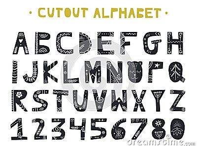 Cutout ABC - Latin alphabet. Unique handmade letters with folk art ornament in scandinavian style. Vector Illustration