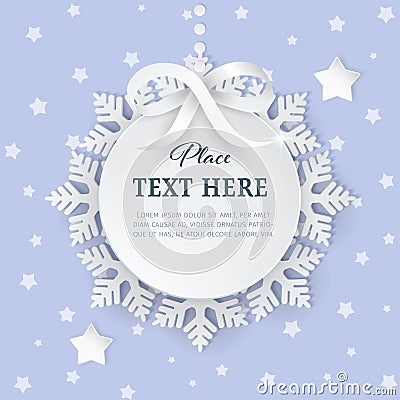 Cutout 3D paper circle frame label with silver satin bow and snowflakes on the light purple background. Vector Illustration