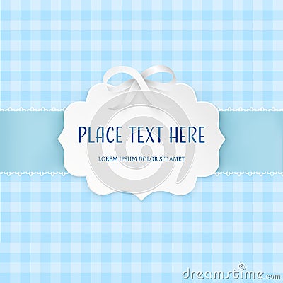 Cutout 3D paper figure frame label with silver satin bow and light blue ribbon on the checkered tile seamless pattern. Vector Illustration