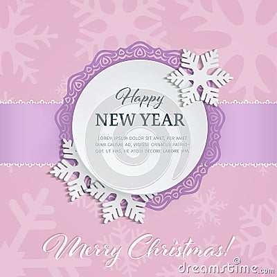 Cutout paper round label with ornamental frame and 3d snowflakes on the soft pink winter background with snowflake silhouettes. Vector Illustration