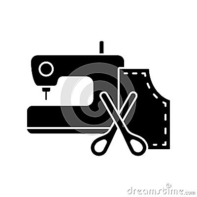 Cutout silhouette of needlework icon. Cartoon sewing machine, scissors, pattern. Outline tailoring pictogram. Black illustration Vector Illustration