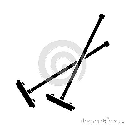 Cutout silhouette Two crossed brushes. Outline icon of long stick with rectangular header. Black illustration of mops, mopping. Vector Illustration