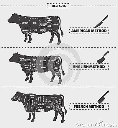 Cuts of beef. American, english and french method. Vector Illustration