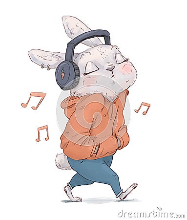 Cutte cartoon bunny walking and listening music Cartoon Illustration