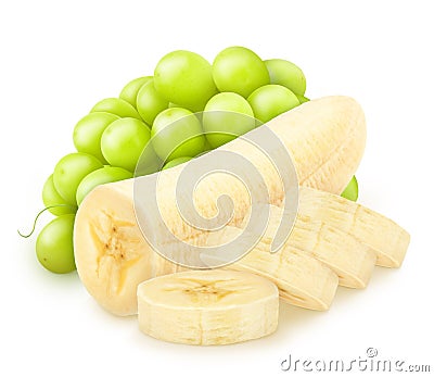 Cutted banana with grape isolated on a white background. Stock Photo