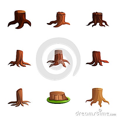 Cutted tree stump icon set, cartoon style Vector Illustration