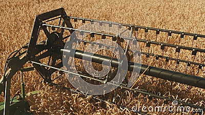 Cutter bar reaping wheat crops - Rotary straw walker of a harvester threshing wheat Stock Photo