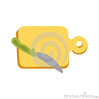 Cutting Board And A Knife With Green Handle Primitive Cartoon Icon, Part Of Pizza Cafe Series Of Clipart Illustrations Vector Illustration
