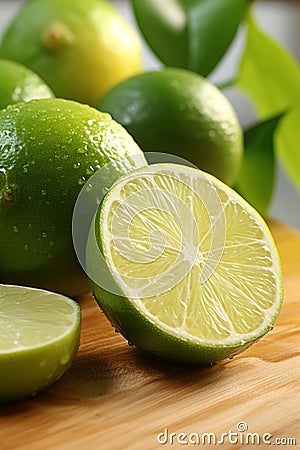 cutting board in a modern kitchen adorned with fresh and zesty limes. One of the limes has been sliced in half, revealing its Stock Photo