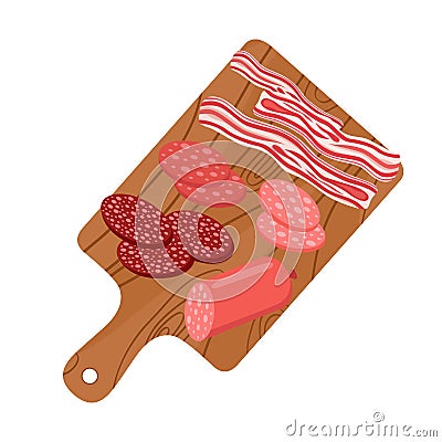 Cutting board with salami, sausages, bacon for breakfast. Flat style. Vector Illustration