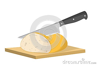 Cutting bread into slice with knife. Cooking toast Vector Illustration