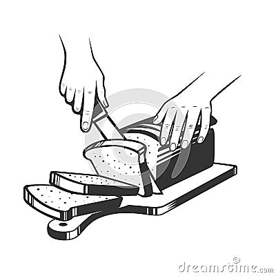 Cutting bread into slice with knife Vector Illustration