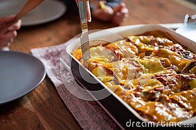 Cutting delicious vegan lasagna Stock Photo