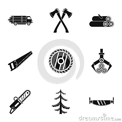 Cutting down trees icons set, simple style Vector Illustration