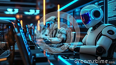 A cutting-edge AI agent operates in a high-tech setting with robotic precision. Stock Photo
