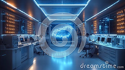 A cutting-edge biotechnology lab where scientists analyze genetic data on advanced computer systems. The room features large Stock Photo