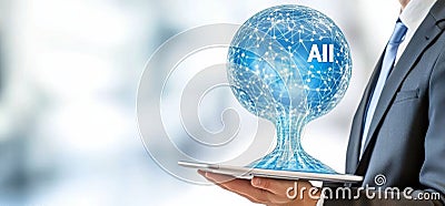 In a cutting-edge business atmosphere, a businessman touches an AI stock trading platform, programming and developing Stock Photo