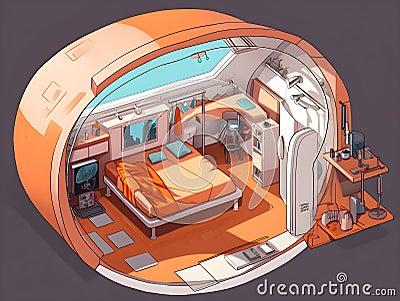 Cutting edge doom with a warm and inviting interior. Spaceship. Human habitats. Stock Photo