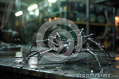 Hybrid Spiderbot Weaving a Complex Web with Advanced Robotics Stock Photo