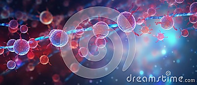 A cutting-edge medical pharmaceutical research background depicting blood cells and a virus cure utilizing DNA genome, Ai Stock Photo