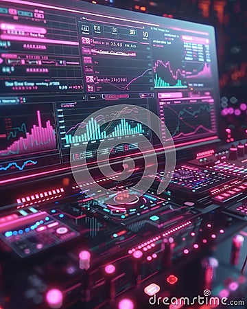 Cutting Edge Neon Lit Technology Interface with Graphs, Data, and Analytics on a Futuristic Computer Screen in a High Tech Stock Photo