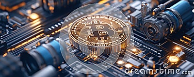 Bitcoin Cryptocurrency on Circuit Board, Digital Wallet Interface with Multiple Bank Accounts, Secure and Reliable Blockchain Stock Photo