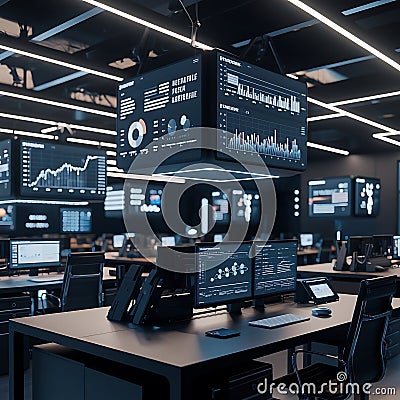 Cutting-Edge Technology Command Center with Interactive Data and Global Analytics Stock Photo