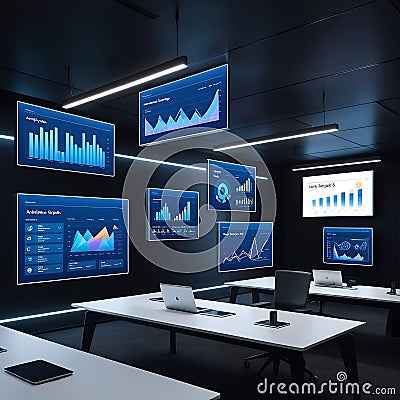 Cutting-Edge Technology Command Center with Interactive Data and Global Analytics Stock Photo