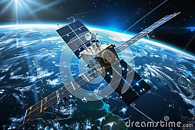 Cutting edge telecom satellite using holographic data for worldwide internet connectivity Stock Photo