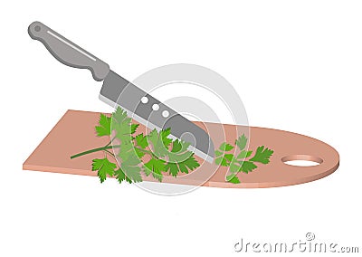 Cutting fresh green parsley with a knife on a salad board. Kitchen utensils. Vector Illustration