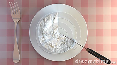 Cutting a portion of creamy cheese on a plate. Stock Photo