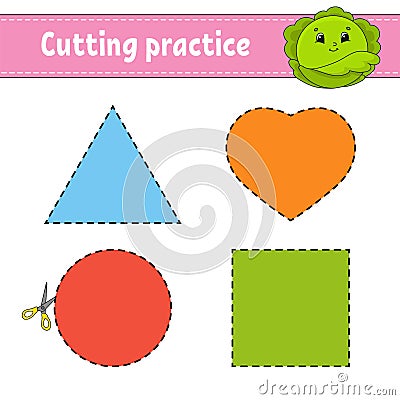 Cutting practice for kids. Education developing worksheet. Activity page with pictures. Game for children. Isolated vector Vector Illustration
