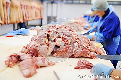 Processing of meat at a meat-packing plant. Food industry Stock Photo