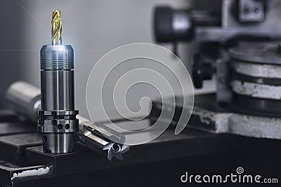cutting tool Drill Coating Titanium nitride in collet holder and reamer. on machine tool grinding Stock Photo