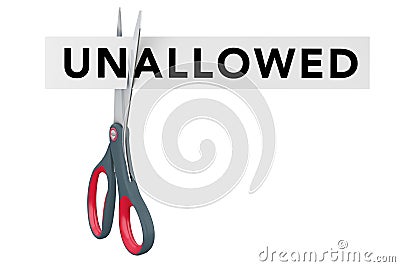Cutting Unallowed to Allowed Paper Sign with Scissors. 3d Render Stock Photo