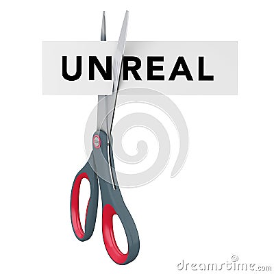 Cutting Unreal to Real Paper Sign with Scissors. 3d Rendering Stock Photo