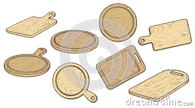 Cutting wooden boards set. Top view and perspective view. Various shapes. Vector Illustration